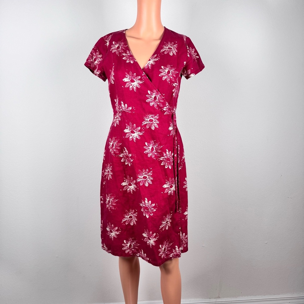 Eddie Bauer Floral Linen Wrap Dress with Flutter Sleeves